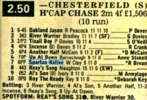 27/3/1989 I rode Spartan Native 20/1 Chesterfield Selling Handicap Chase